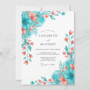 Teal Coral Botanical Romance Wedding Invitation