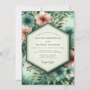 Teal Coral Botanical Romance Wedding Invitation