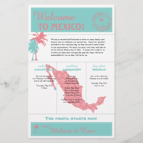 Teal Coral Cabo Mexico Wedding Welcome Letter