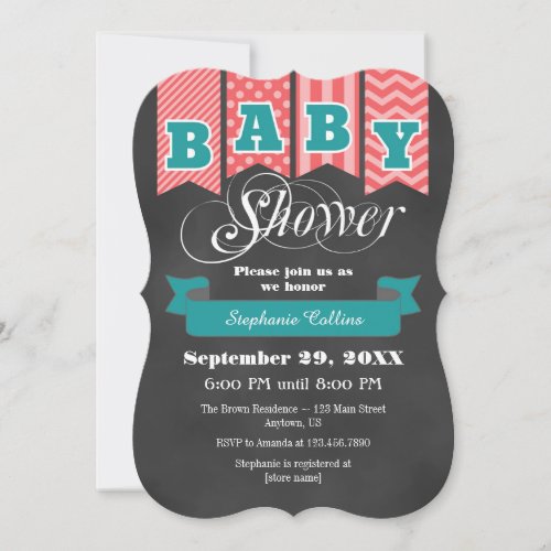 Teal Coral Chalkboard Flag Baby Shower Invite