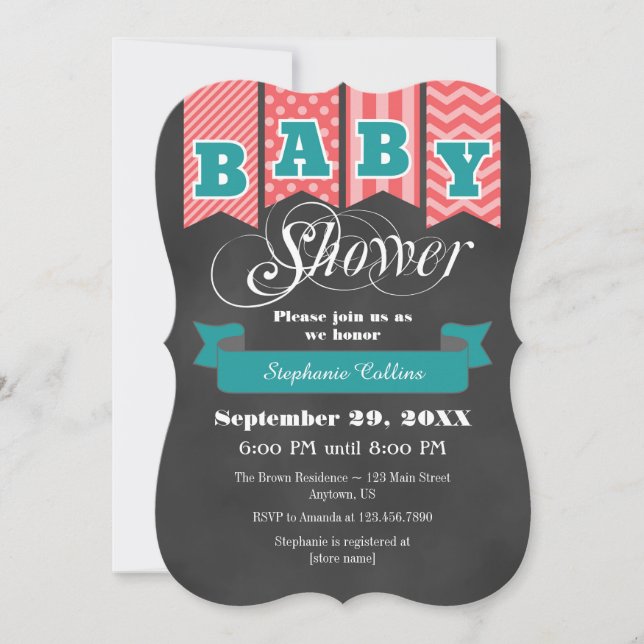 Teal Coral Chalkboard Flag Baby Shower Invite (Front)