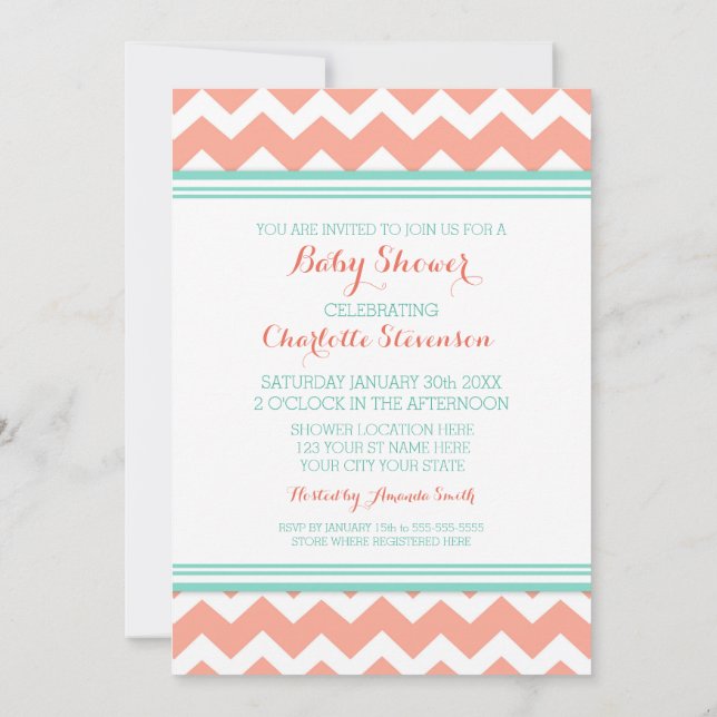 Teal Coral Chevron Custom Baby Shower Invitations (Back)