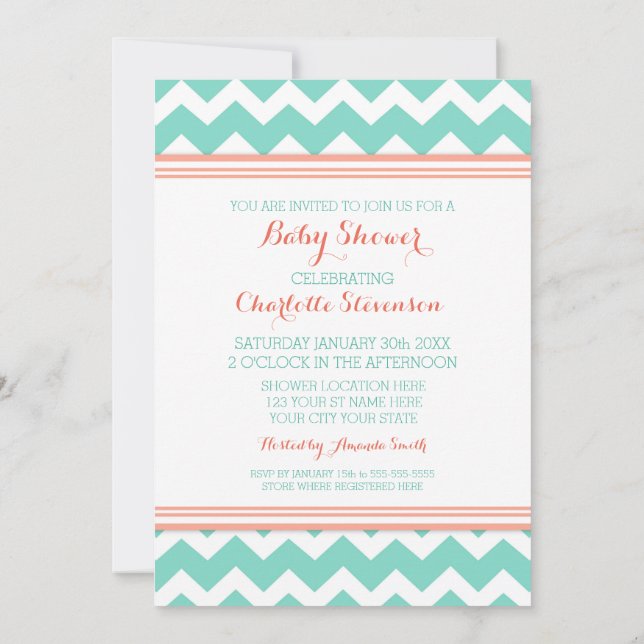 Teal Coral Chevron Custom Baby Shower Invitations (Back)