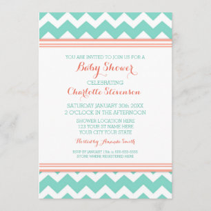 Teal Coral Chevron Custom Baby Shower Invitations