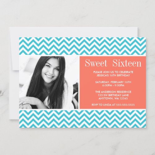 Teal Coral Chevron Sweet 16 Birthday Photo Announcements