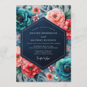 Teal Coral Chromatic Flora Wedding Invitation