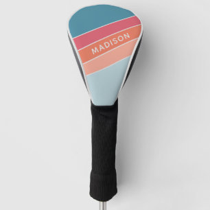 Teal Coral Colorblock Stripes Personalized Name Golf Head Cover
