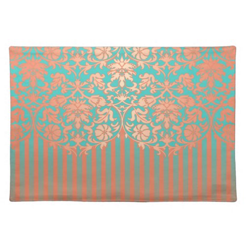 Teal  Coral Damask Pattern with Stripes Cloth Placemat