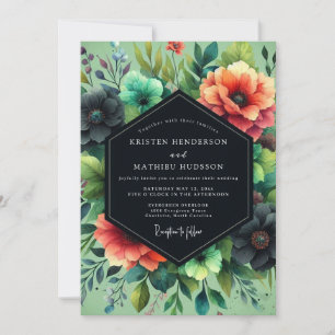 Teal Coral Dramatic Bloom Wedding Invitation