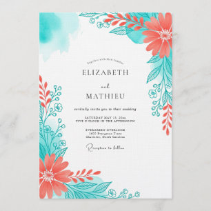 Teal Coral Ethereal Bloom Wedding Invitation