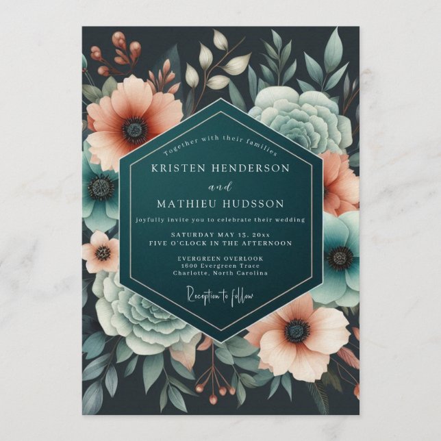 Teal Coral Eventide Wedding Invitation (Front)