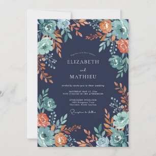 Teal Coral Floral Autumn Wedding Invitation