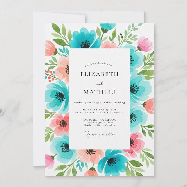 Teal Coral Floral Bloom Wedding Invitation (Front)