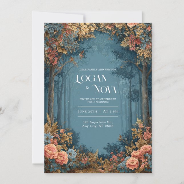 Teal Coral Floral Bohemian Forest Wedding Invitation (Front)