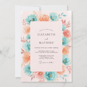 Teal Coral Floral Flourish Wedding Invitation