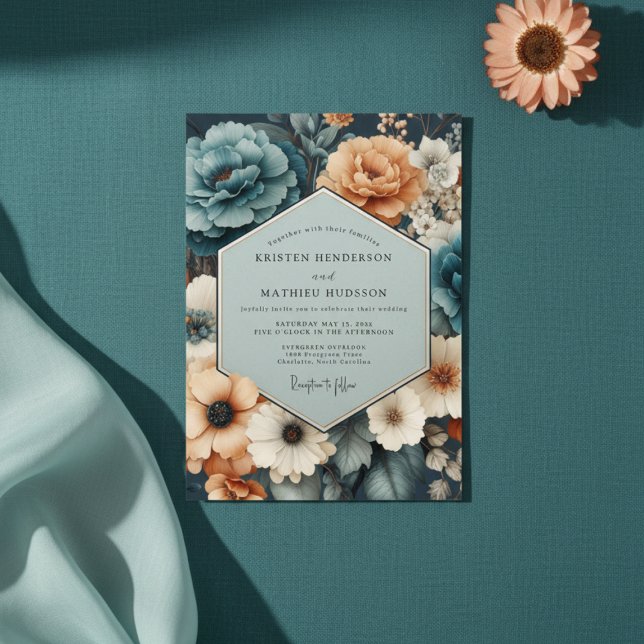 Teal Coral Floral Romance Wedding Invitation (Creator Uploaded)