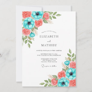 Teal Coral Floral Wedding Invitation