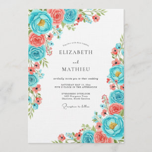 Teal Coral Floral Whimsy Wedding Invitation