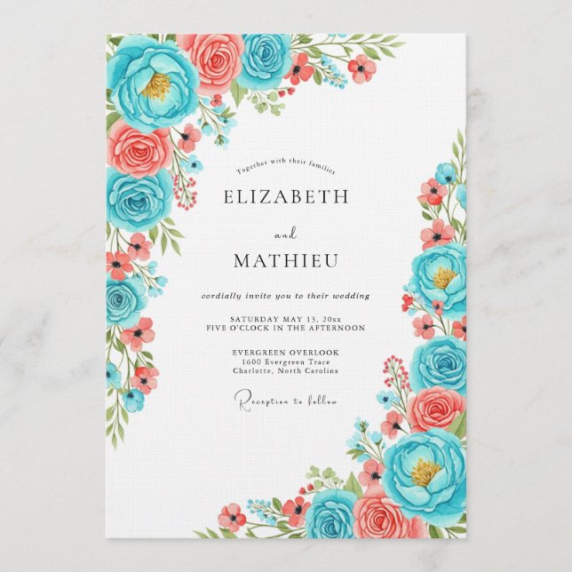 Teal Coral Floral Whimsy Wedding Invitation (Front)