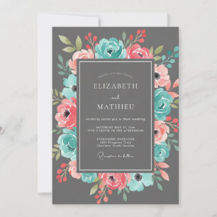 Teal Coral Flourish Romance Wedding Invitation