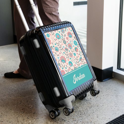 Teal  Coral Folk Art Floral  Add Your Name Luggage