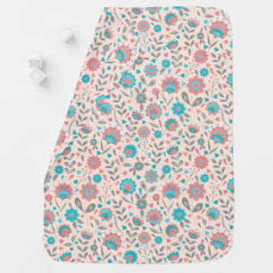 Teal & Coral Folk Art Floral Pattern Baby Blanket