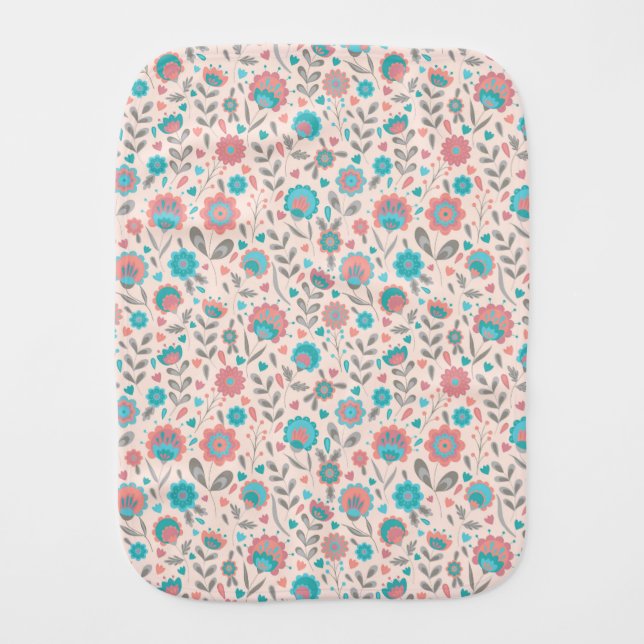 Teal & Coral Folk Art Floral Pattern Baby Burp Cloth (Front)