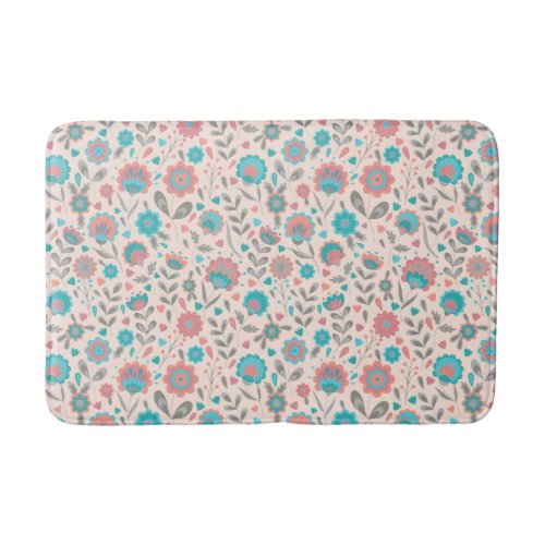 Teal  Coral Folk Art Floral Pattern Bath Mat