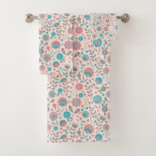 Teal  Coral Folk Art Floral Pattern Bath Towel Set