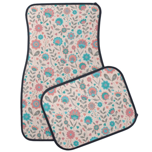 Teal & Coral Folk Art Floral Pattern Car Floor Mat (Set)