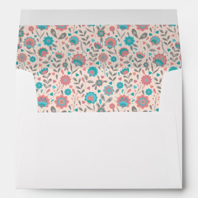 Teal & Coral Folk Art Floral Pattern Envelope (Back (Bottom))