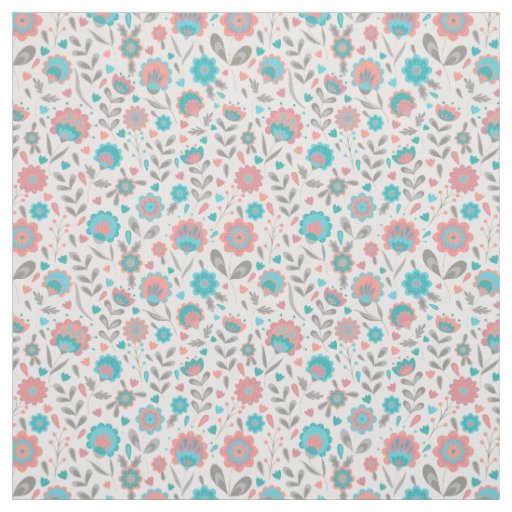 Teal & Coral Folk Art Floral Pattern Fabric