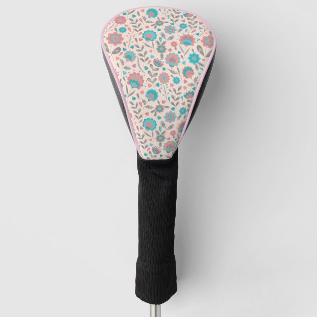Teal & Coral Folk Art Floral Pattern Golf Head Cover (Front)