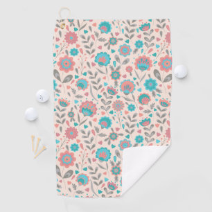 Teal & Coral Folk Art Floral Pattern Golf Towel