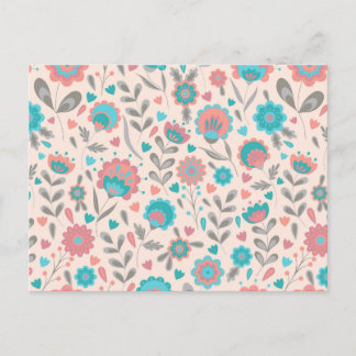 Teal & Coral Folk Art Floral Pattern Holiday Postcard