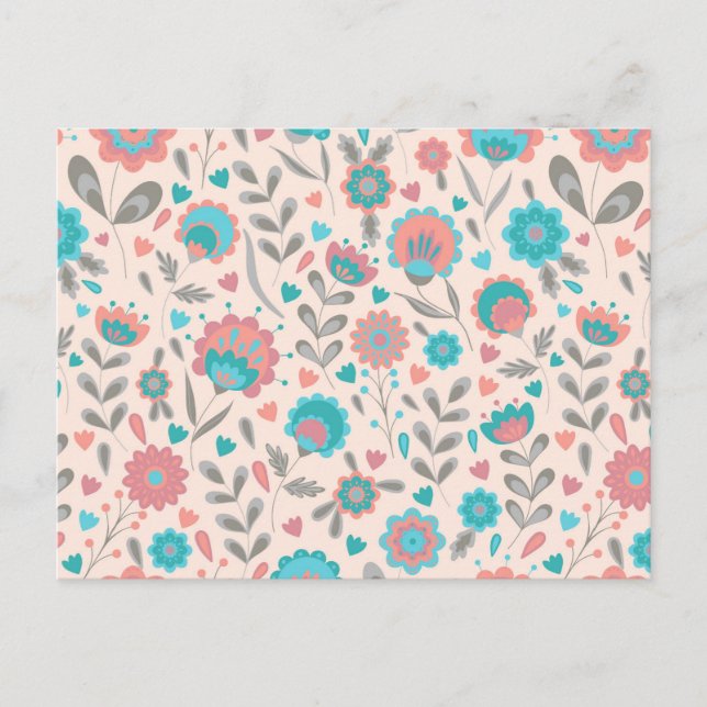 Teal & Coral Folk Art Floral Pattern Holiday Postcard (Front)
