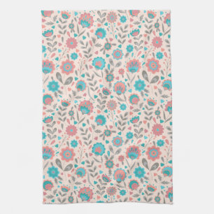Teal & Coral Folk Art Floral Pattern Kitchen Towel