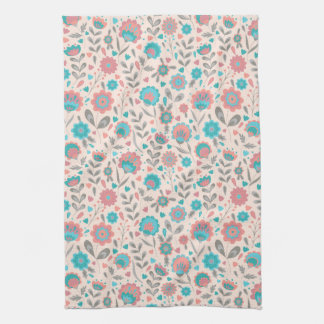 Teal & Coral Folk Art Floral Pattern Kitchen Towel