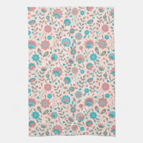 Teal  Coral Folk Art Floral Pattern Kitchen Towel