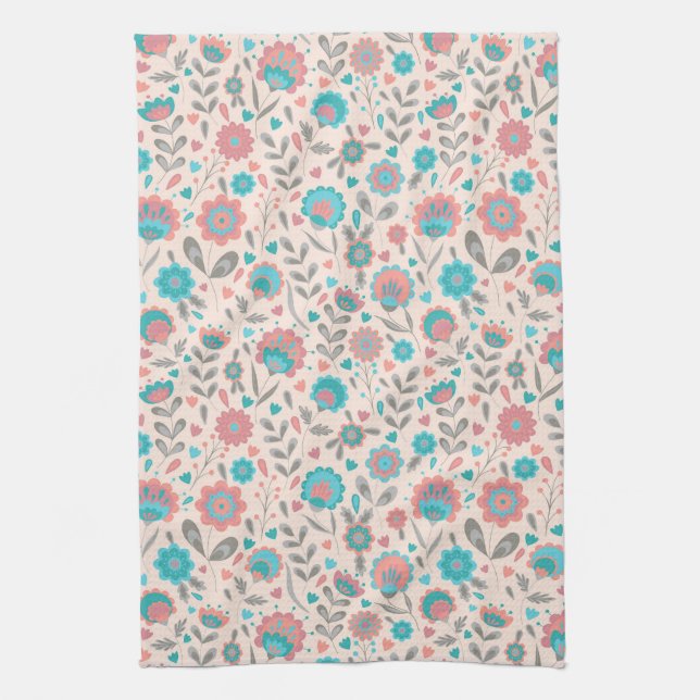 Teal & Coral Folk Art Floral Pattern Kitchen Towel (Vertical)