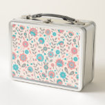 Teal &amp; Coral Folk Art Floral Pattern Metal Lunch Box