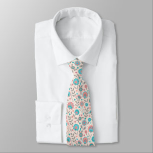 Teal & Coral Folk Art Floral Pattern Neck Tie