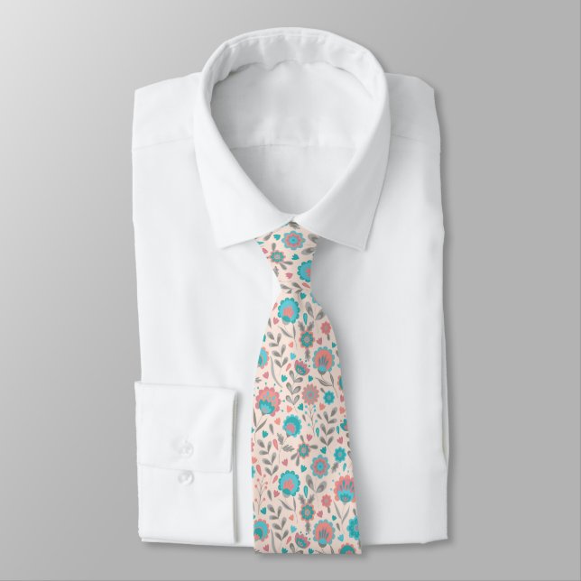 Teal & Coral Folk Art Floral Pattern Neck Tie (Tied)