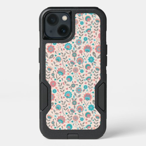 Teal  Coral Folk Art Floral Pattern iPhone 13 Case