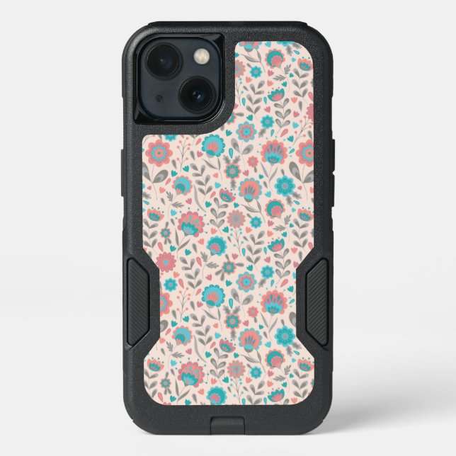 Teal & Coral Folk Art Floral Pattern Otterbox iPhone Case (Back)