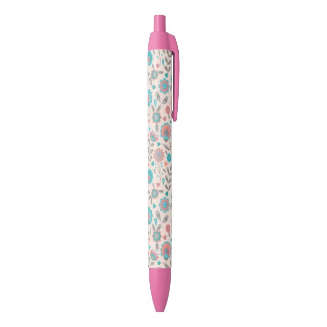 Teal & Coral Folk Art Floral Pattern Pen (Bottom (Vertical))