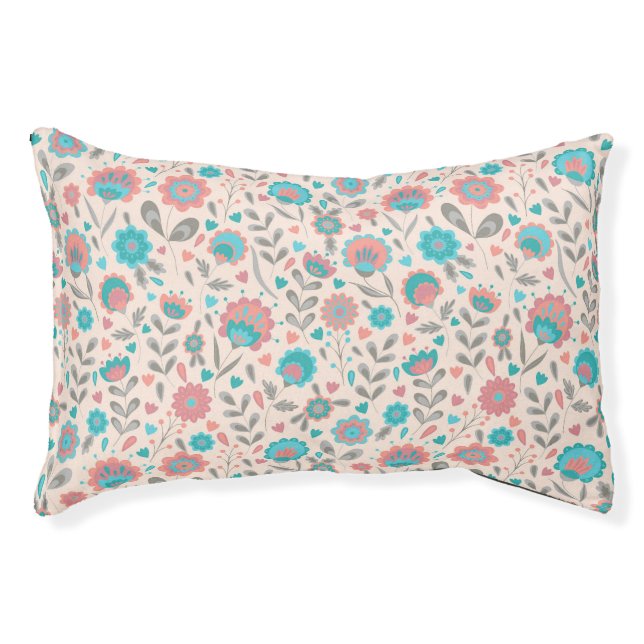 Teal & Coral Folk Art Floral Pattern Pet Bed (Front)