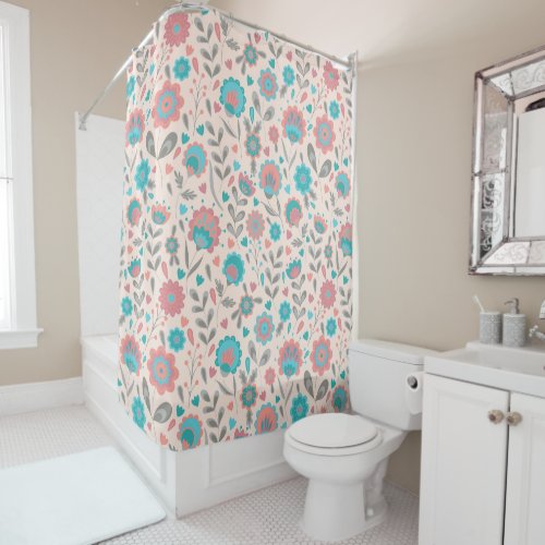 Teal  Coral Folk Art Floral Pattern Shower Curtain