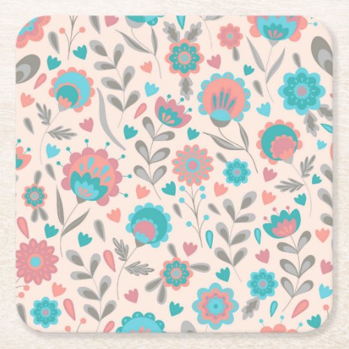 Teal  Coral Folk Art Floral Pattern Square Paper Coaster