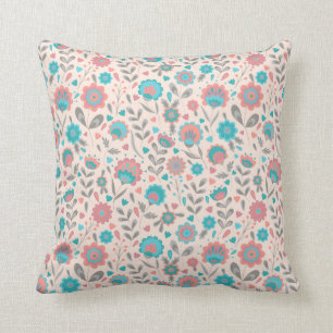 Teal & Coral Folk Art Floral Pattern Throw Pillow